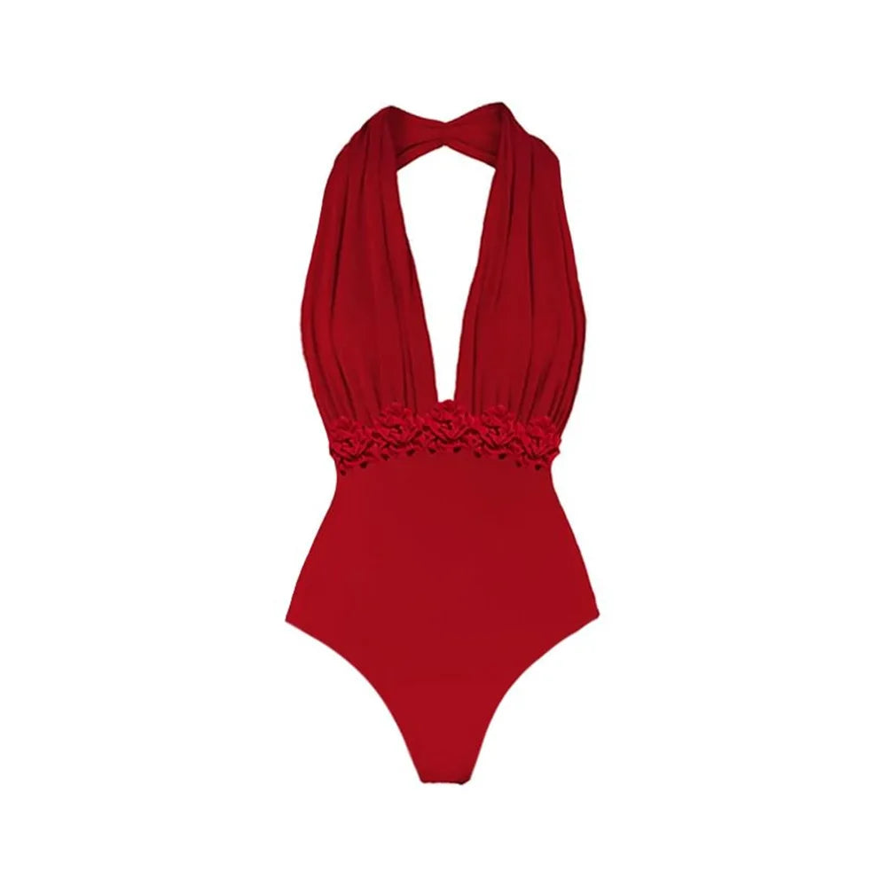 3D Flower Red Bikini Set, One Piece Swimsuit - Norellé