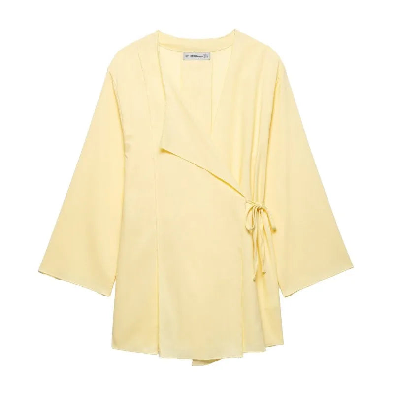 Women Pants Set Casual Kimono Style Shirt With Lace Up Elastic Waist