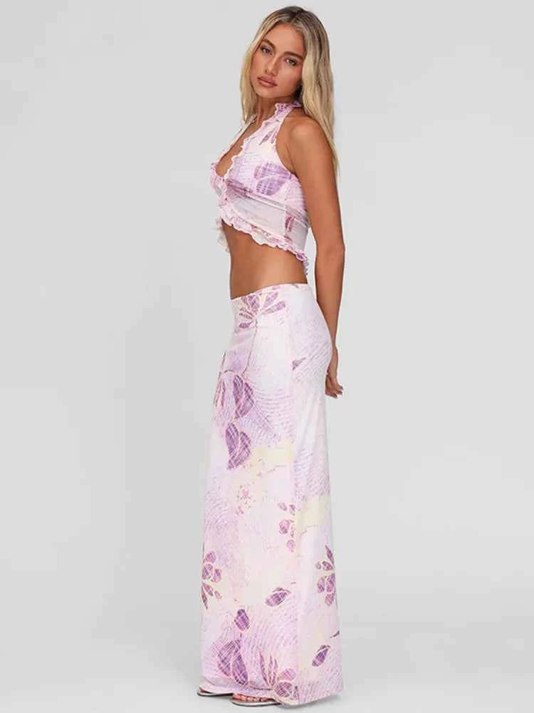 Mesh Print Skirt Two Piece Set Women