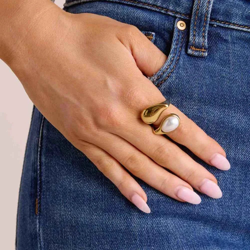 Stainless Steel Imitation Pearl Water Drop Finger Adjustable Ring