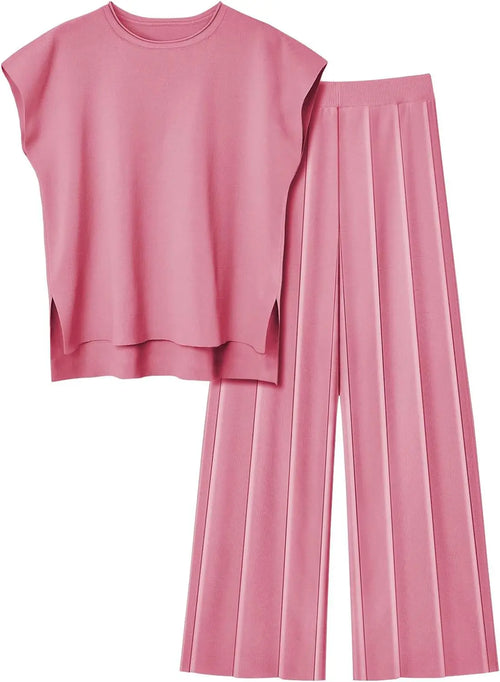2 Piece Sets Women Outfit Sleeveless Casual T Shrit Top Knitted Vest - Norellé
