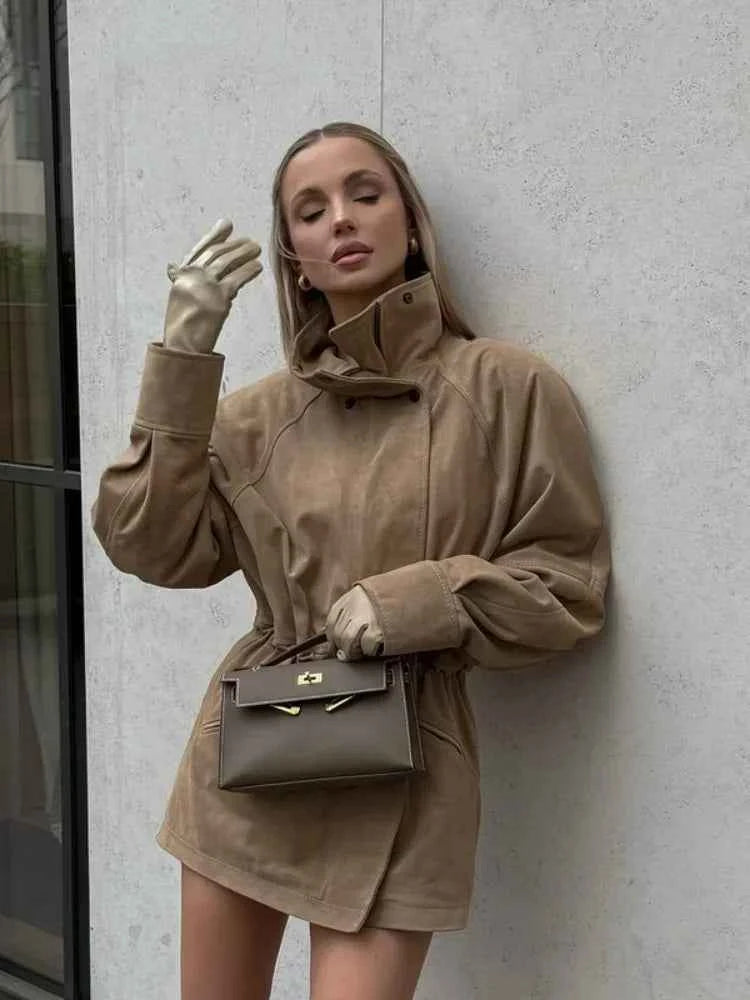 Women Beige Solid Suede Jacket