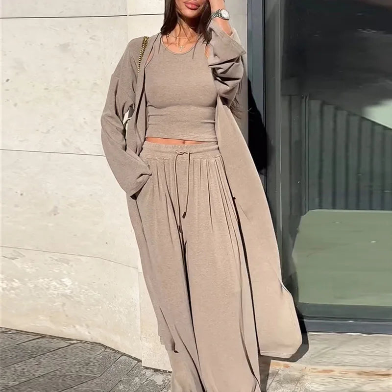 Women's clothing casual long jacket suspender strap wide-leg trousers three-piece - Norellé
