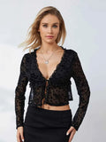 Shirt For Women Elegant Long Sleeve Tie-Up Lace Top