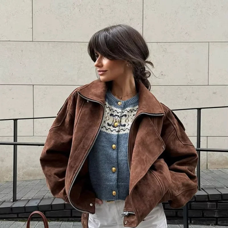 Brown Faux Suede Cropped Casual Coat Vintage Lapel Solid Zipper - Norellé
