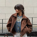 Brown Faux Suede Cropped Casual Coat Vintage Lapel Solid Zipper - Norellé