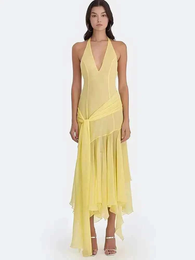 Deep V-neck Bandage Women Maxi Dress