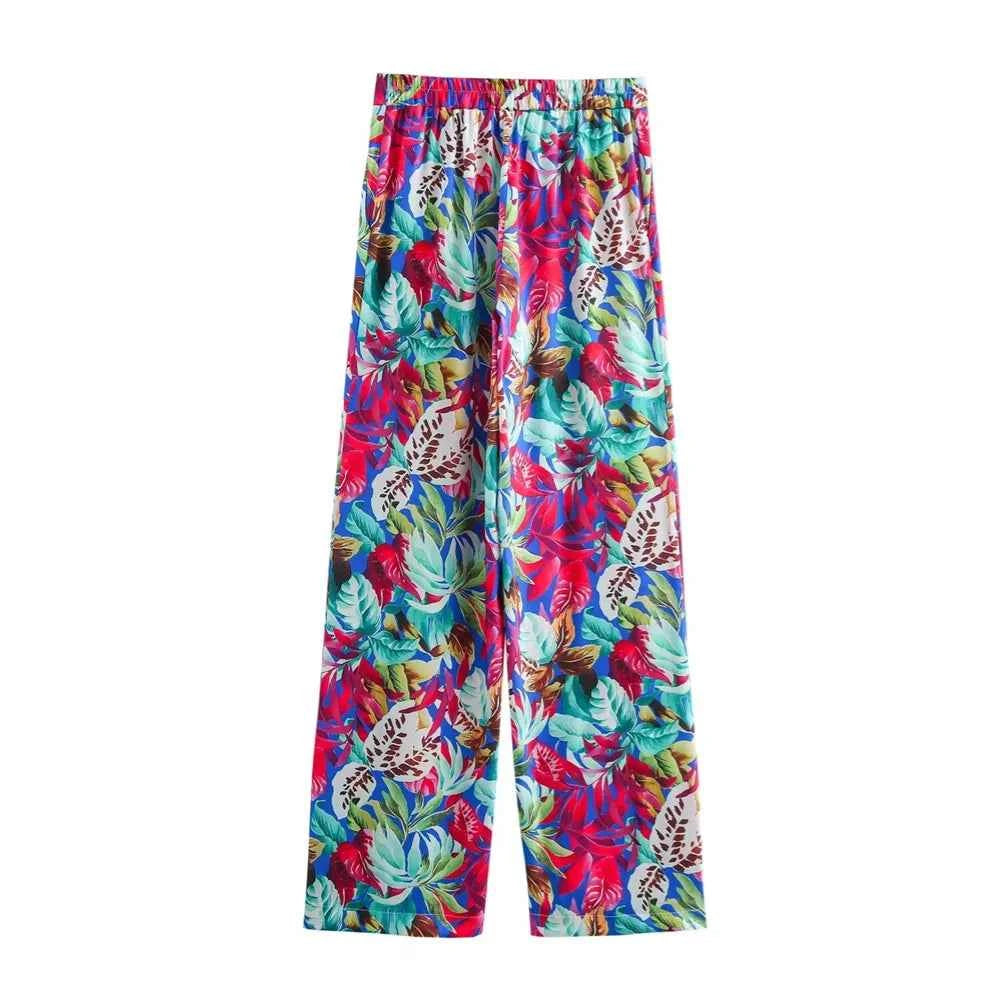 Women's Long Sleeve Tropical Printed Suit Wide Leg Pants Set