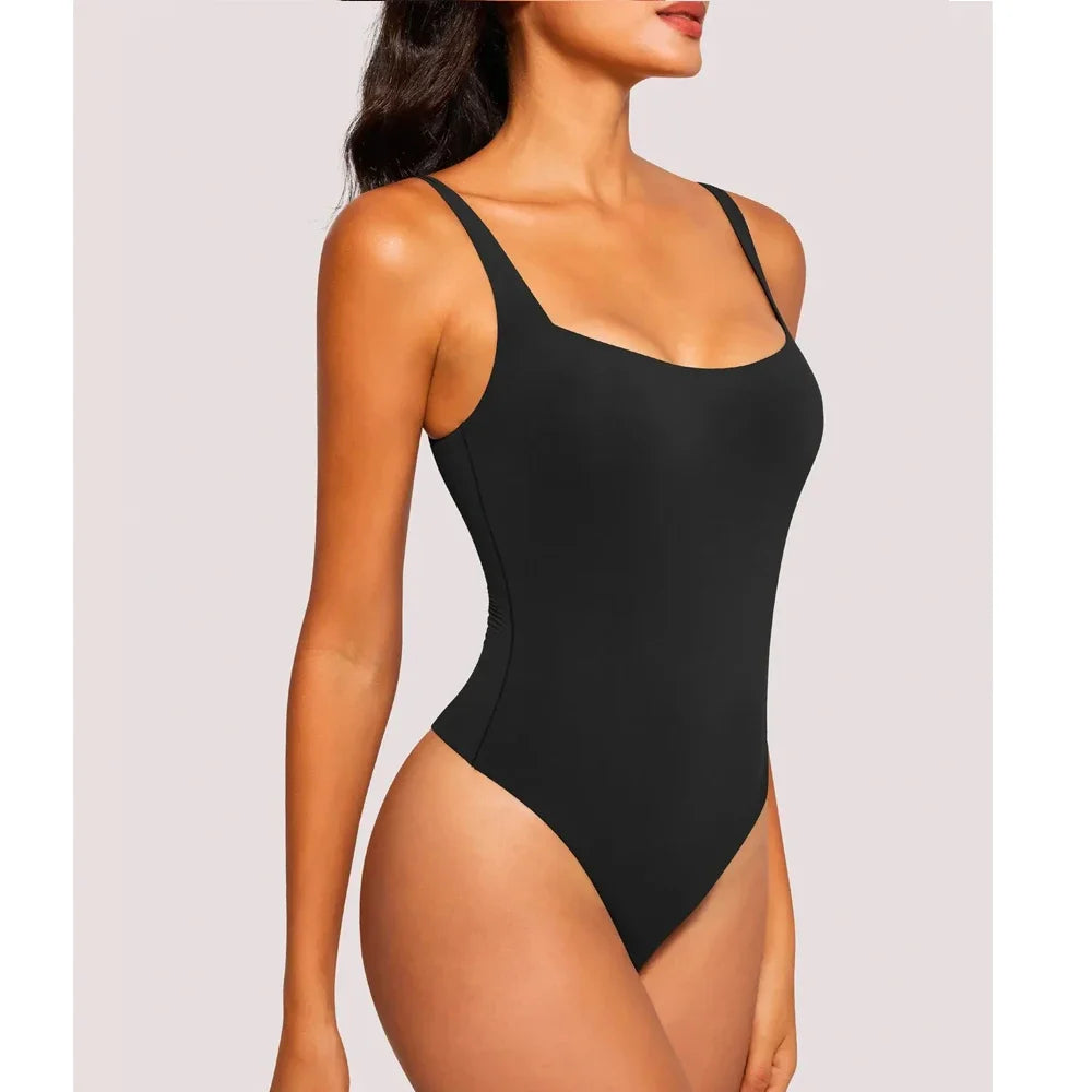 Bodysuit Thong Vest Body-Hugging T-shirt Women Square Neck Sleeveless Bodywear