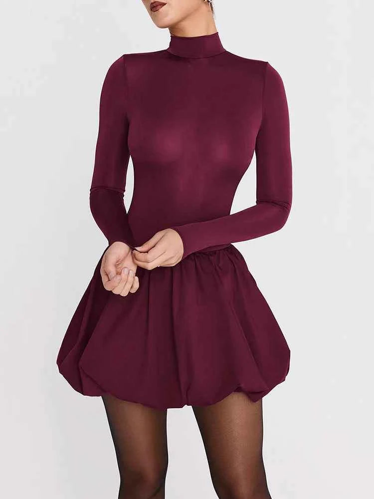 Turtleneck Long Sleeve Women Mini Dress Burgundy High Waist A-line