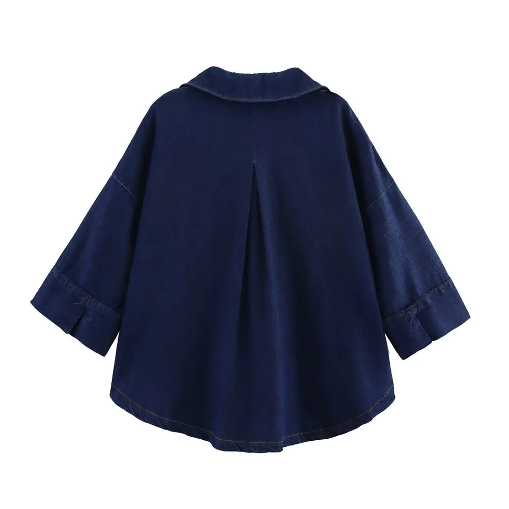 Women Denim Set Loose Fit Button Down Shirt With Wide Leg Pants