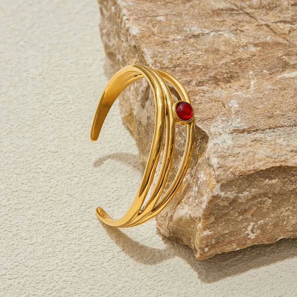 Stainless Steel Red Natural Stone Three Layer Hollow Bracelet