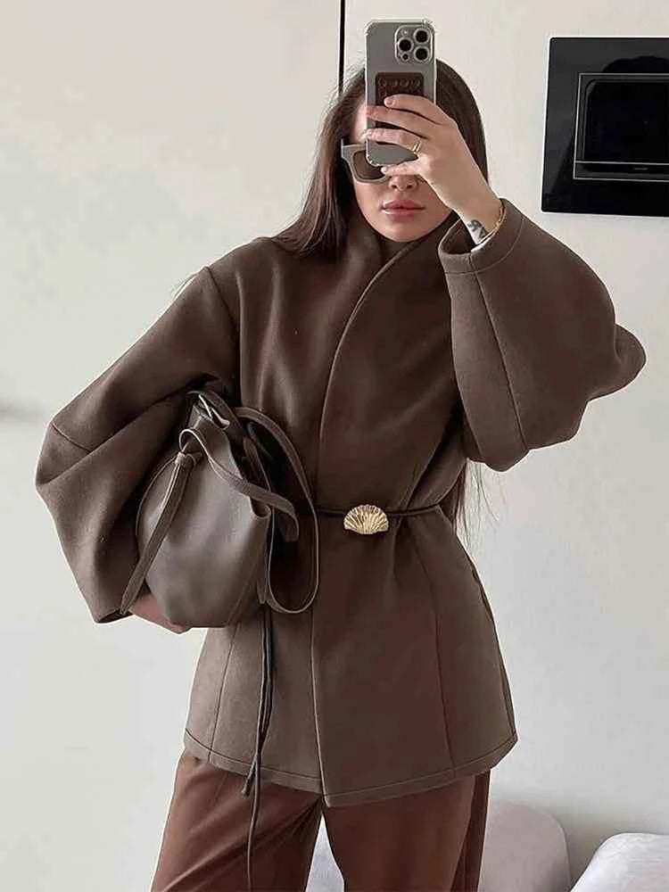 Women Brown Lace Up Coat
