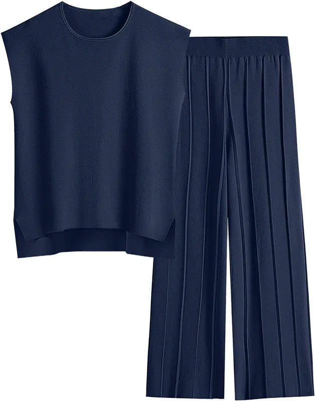 2 Piece Sets Women Outfit Sleeveless Casual T Shrit Top Knitted Vest - Norellé