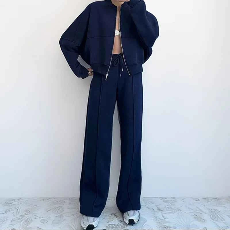 Women's Fleece-Lined Hoodie Coat High Waist Casual Pants Set