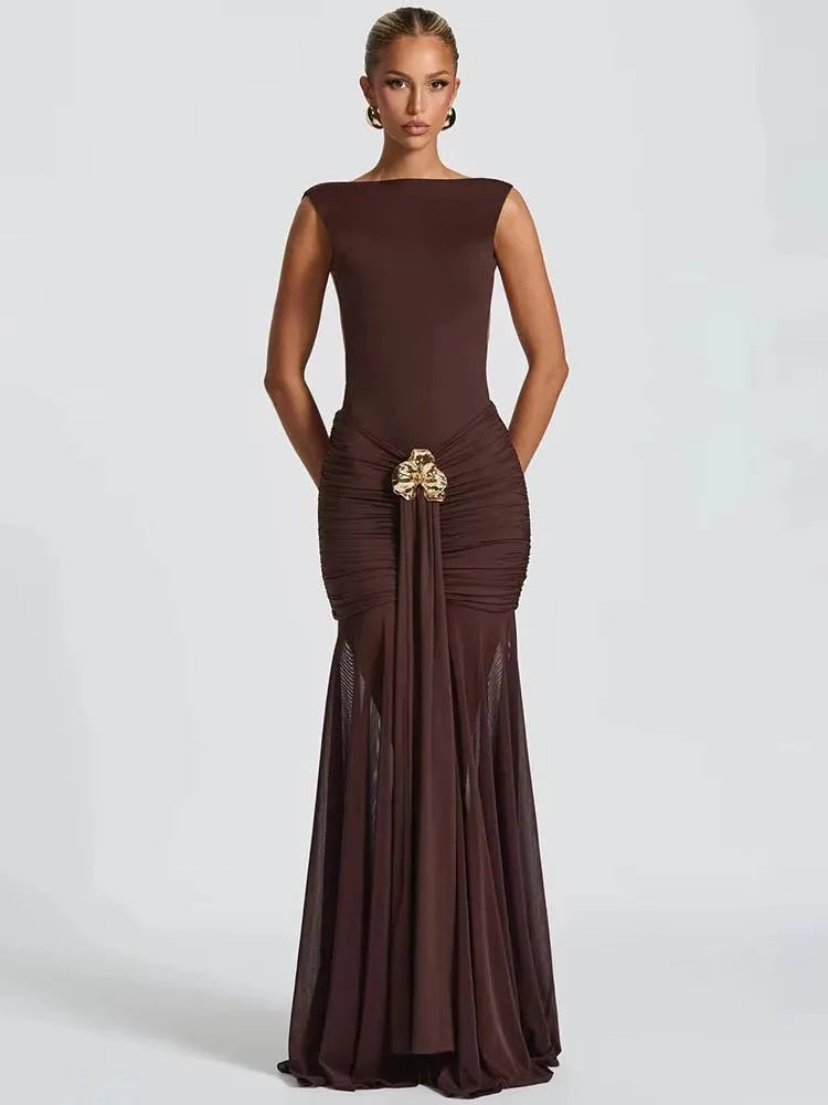 Metal Flower Backless Ruched  Maxi Dress Women - Norellé