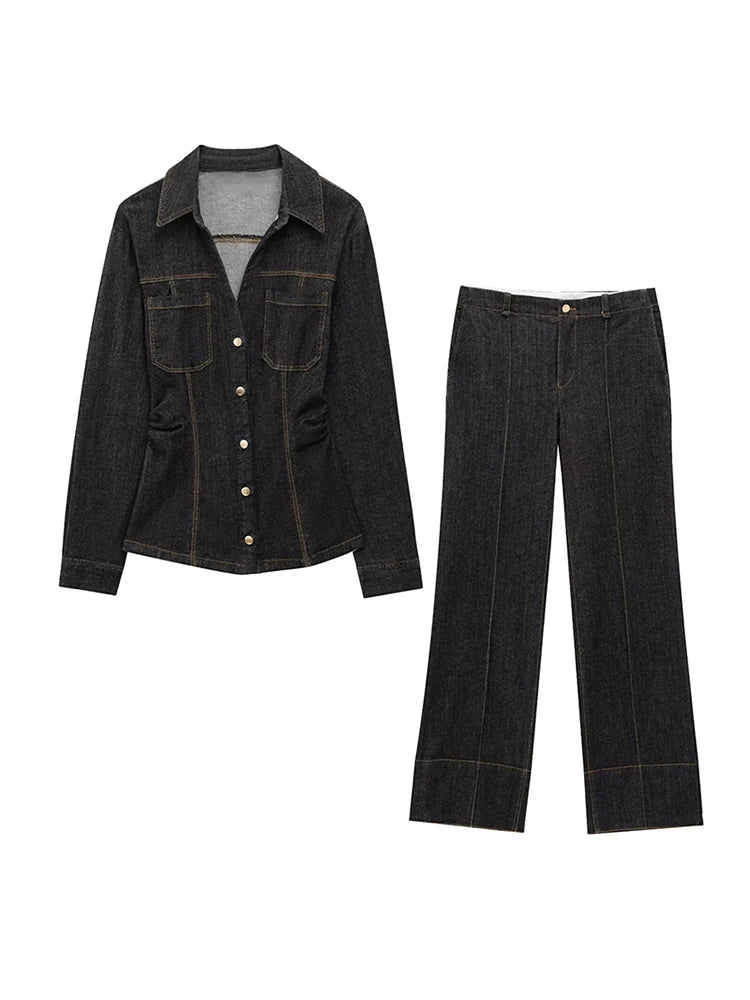 Chic Women's Vintage Denim Set Single Breasted Lapel Jacket - Norellé