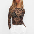 Women Mesh Shirt Long Sleeve Leopard Print