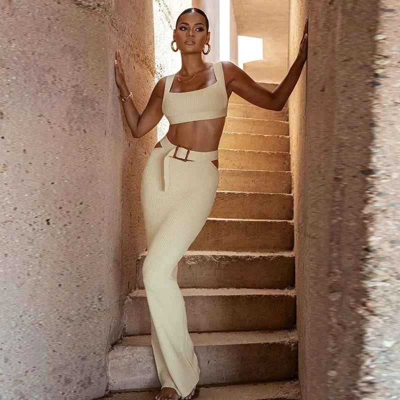 Women's 2 Piece Dress Sets Knit Ribbed Long Skirt Suit and Tank Top