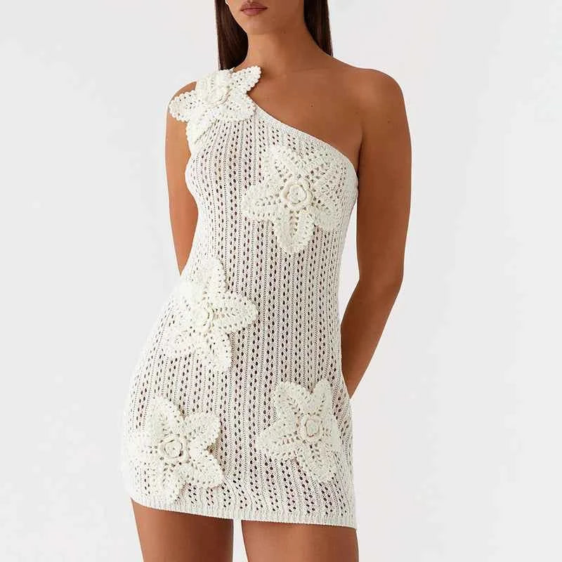 Knitted Asymmetric Dress Hollow Slant Neck Slim Mini Dress