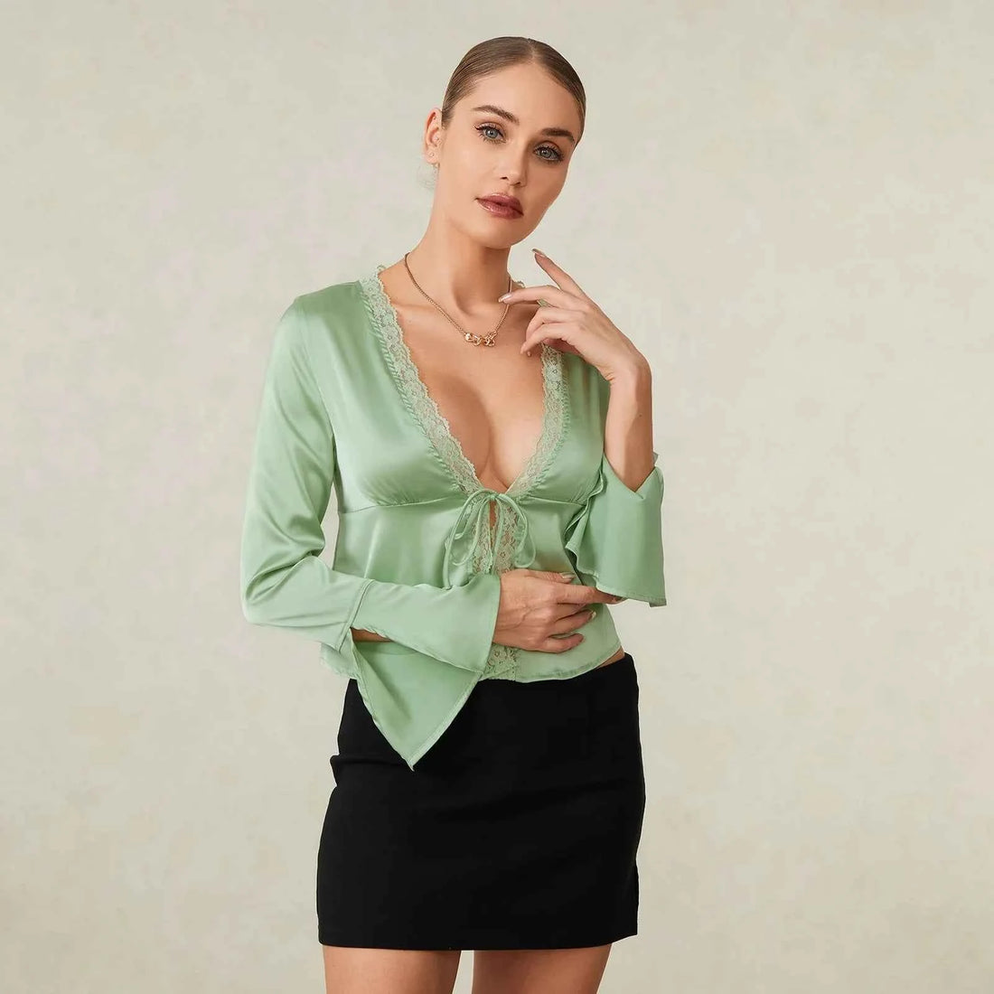 Women Basic Long Sleeve Lace Trim Deep V Neck Shirt