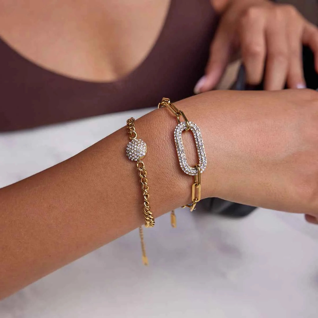 Round Rhinestone Bracelet Stackable Chain Bracelet Waterproof