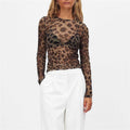 Women Mesh Shirt Long Sleeve Leopard Print