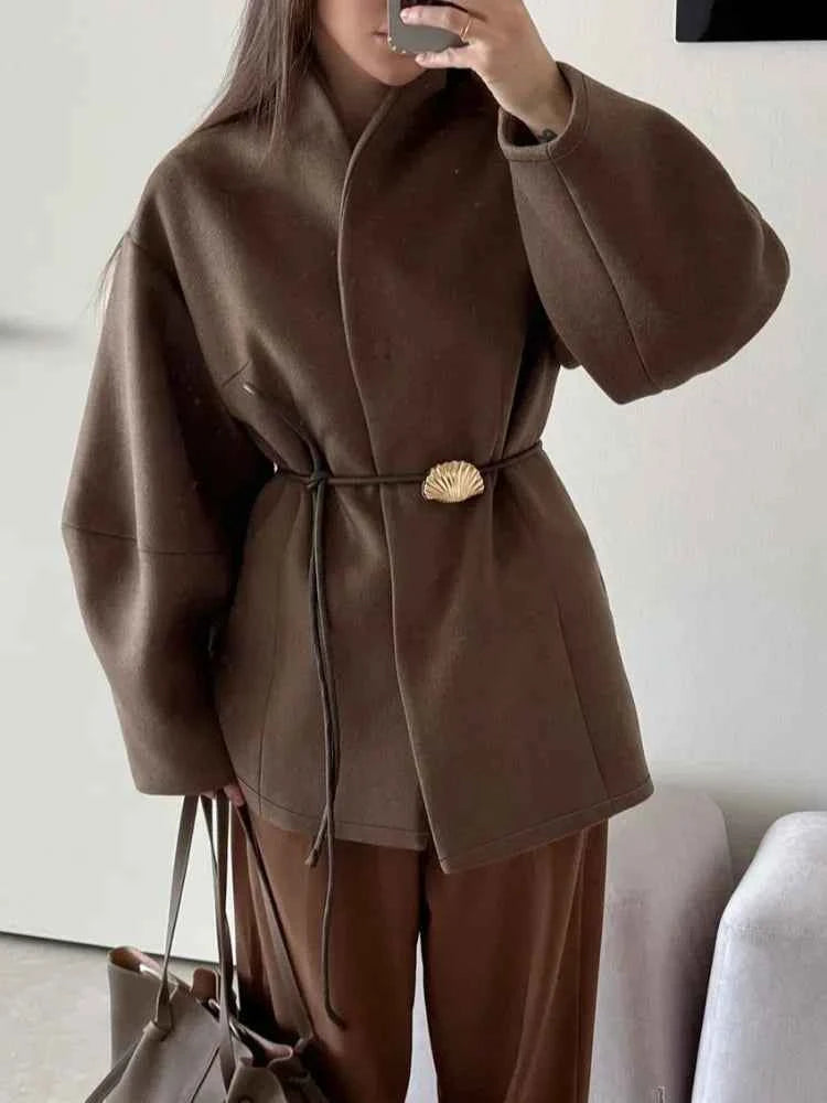 Women Brown Lace Up Coat