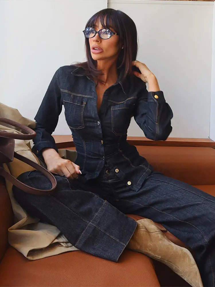 Chic Women's Vintage Denim Set Single Breasted Lapel Jacket - Norellé