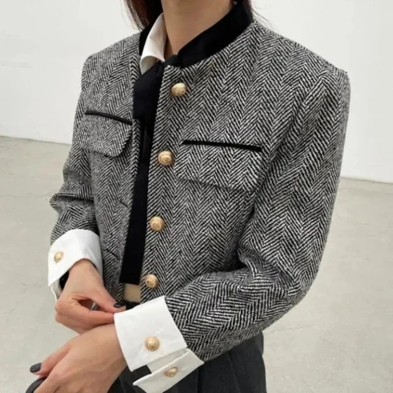 Metal Button Stand Collar Jackets for Women - Norellé