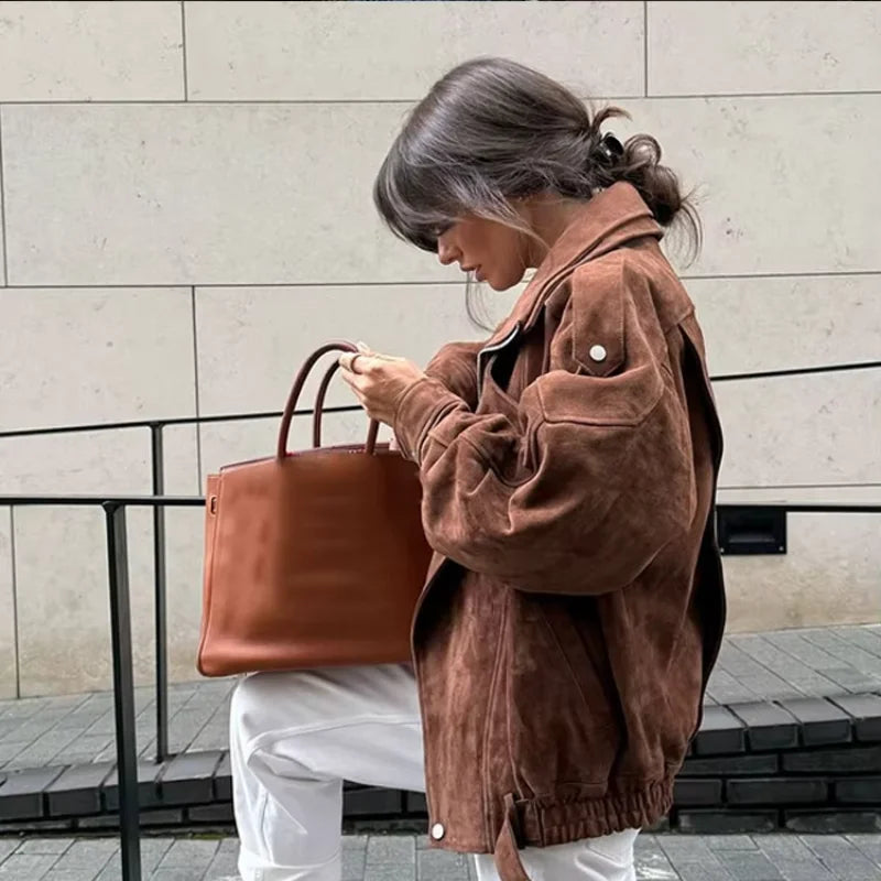 Brown Faux Suede Cropped Casual Coat Vintage Lapel Solid Zipper - Norellé