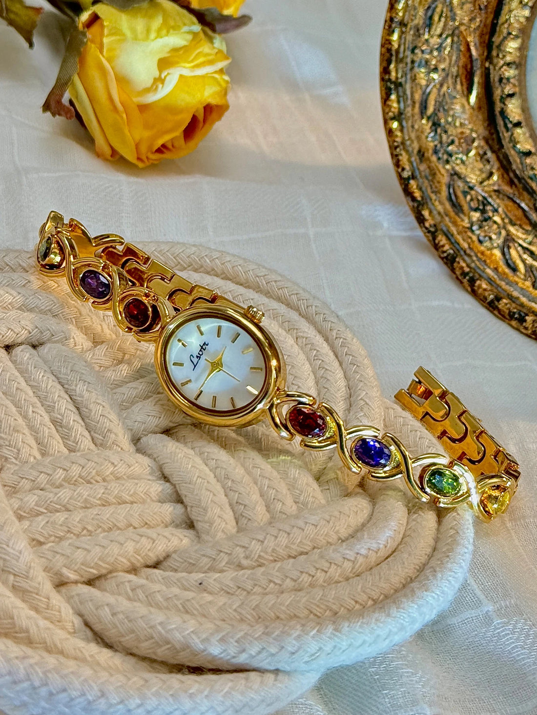 Colorfuled Tourmaline Gem Rhinestone Retro Elegant Fashion Women's Watch Oval Mother-Of-Pearl Dial