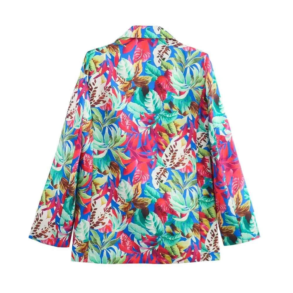 Women's Long Sleeve Tropical Printed Suit Wide Leg Pants Set