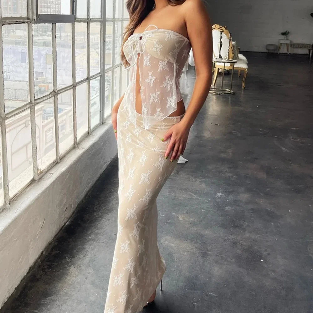 Womens 2Pcs Strapless Lace Split Tube Tops +Low Waist Long Pencil Skirt Dress Set