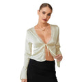 Women Basic Long Sleeve Lace Trim Deep V Neck Shirt