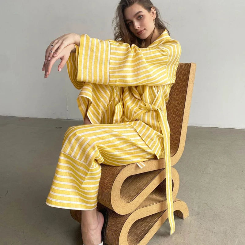 Striped Trousers Casual Suit Woman Long Sleeve Loose Lace Up Top High Waist Pant Set