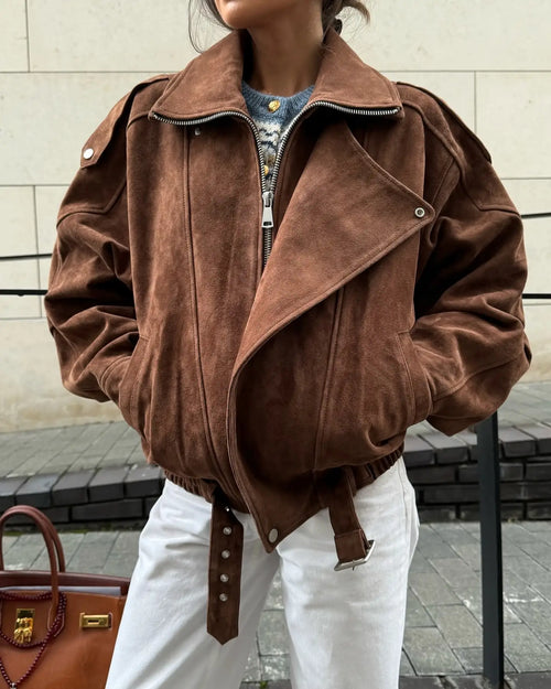 Brown Faux Suede Cropped Casual Coat Vintage Lapel Solid Zipper - Norellé