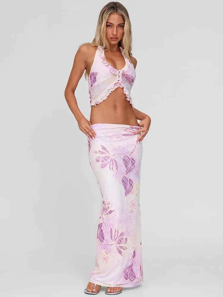 Mesh Print Skirt Two Piece Set Women