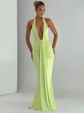 Deep V Neck Backless Ruched  Maxi Dress Women - Norellé