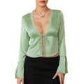 Women Basic Long Sleeve Lace Trim Deep V Neck Shirt