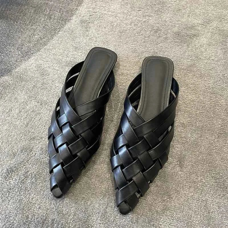 Pointed Toe Genuine Leather Slippers Women