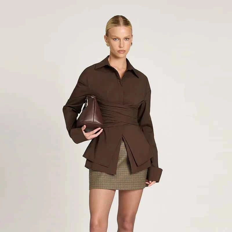 Women's Shirts Solid Laple Waist Cinching Full Sleeve