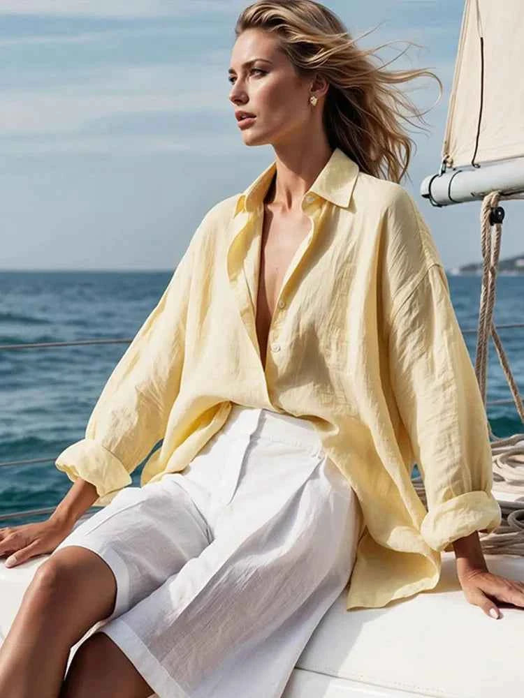 Casual Yellow Shirt Shorts Set Women
