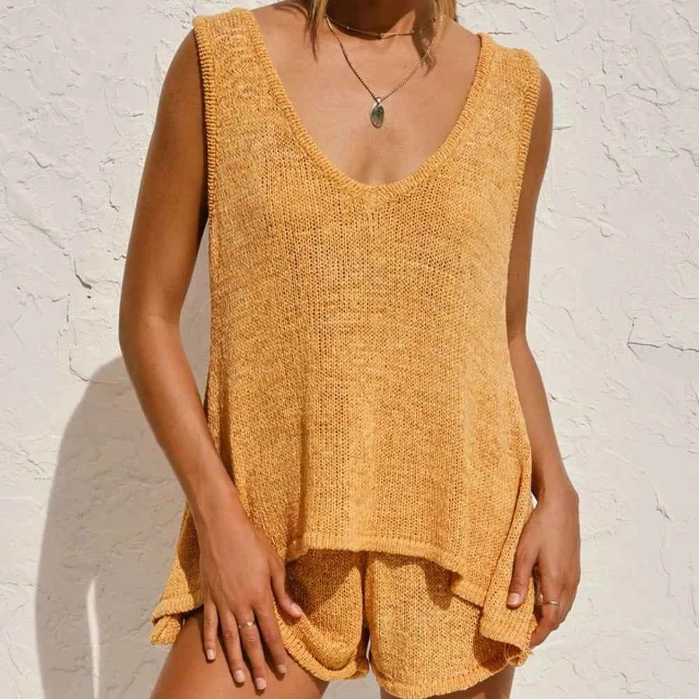 Casual Deep V-Neck Back Heart Tie Knit Women's Sweater Set