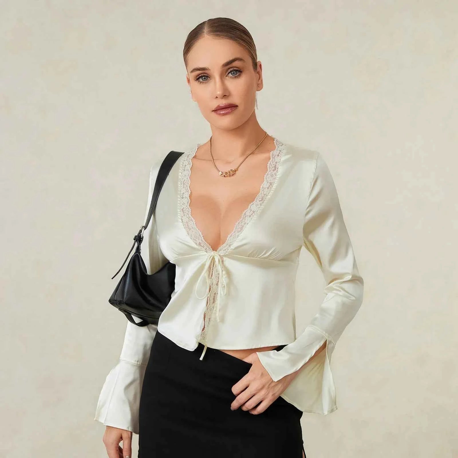 Women Basic Long Sleeve Lace Trim Deep V Neck Shirt