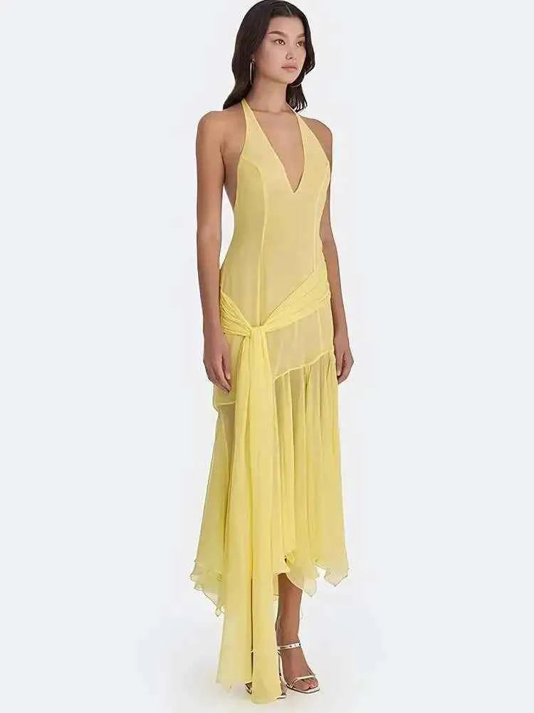 Deep V-neck Bandage Women Maxi Dress