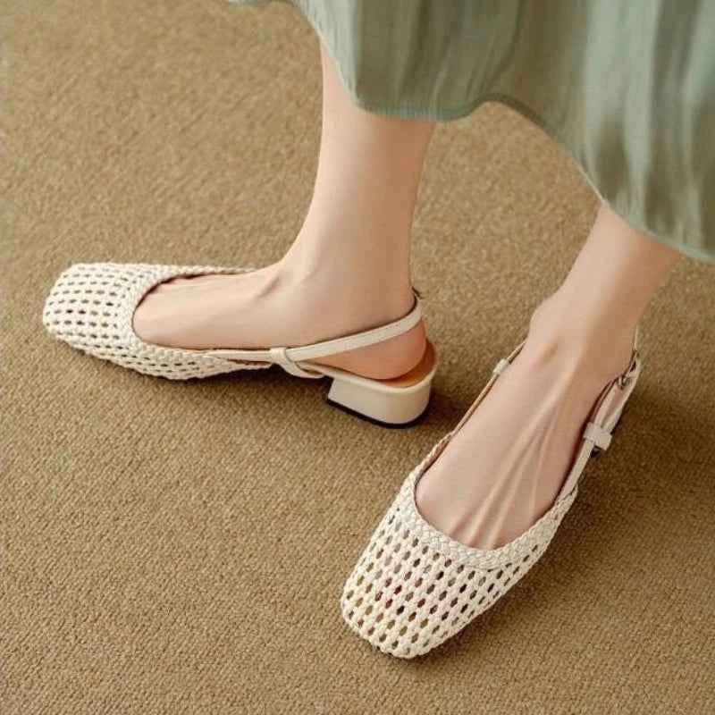 French Square-toed Woven High-heeled Sandals