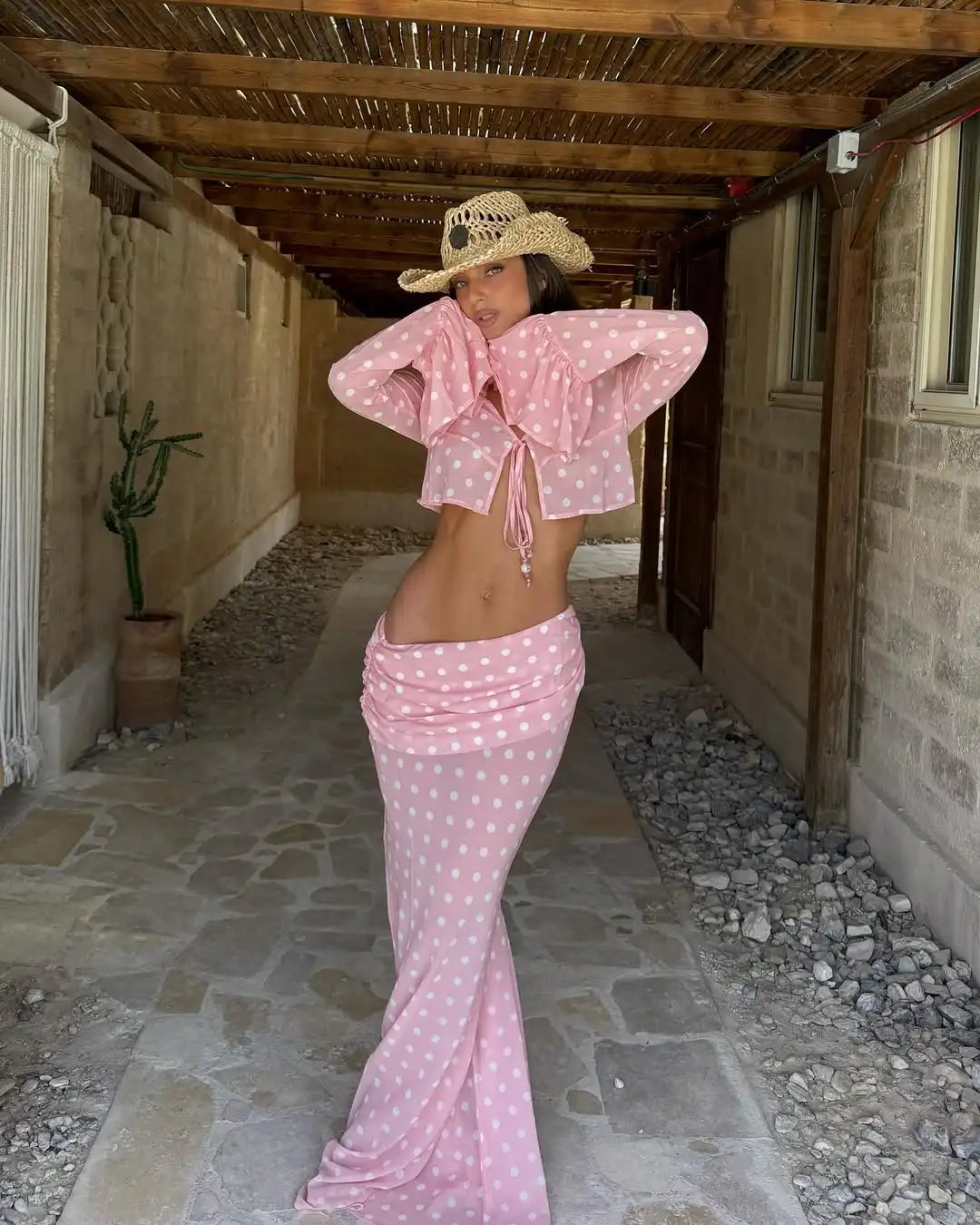 Chiffon Polka Dots 2Pc Bikini Set Long Sleeve Backless Crop Tops Women - Norellé