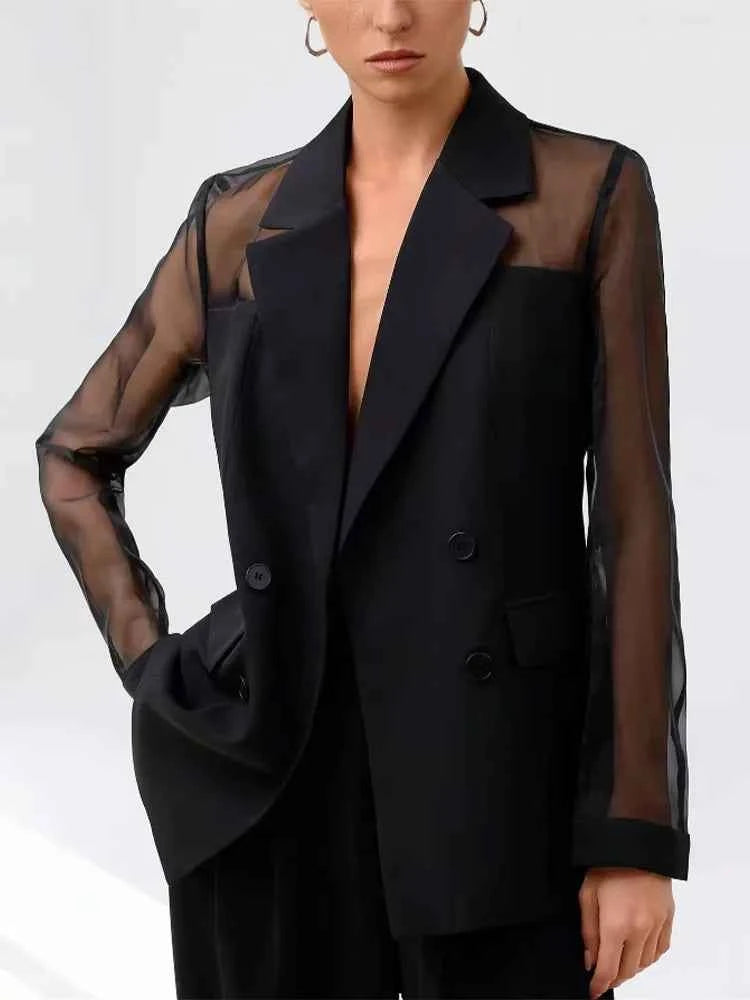 Women High Street Blazer Translucent Cuff Splicing Slim Blazer