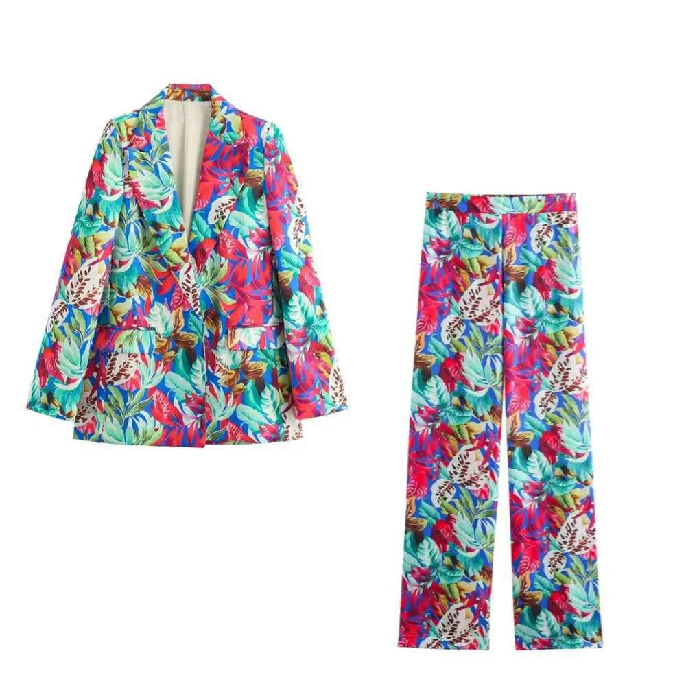Women's Long Sleeve Tropical Printed Suit Wide Leg Pants Set